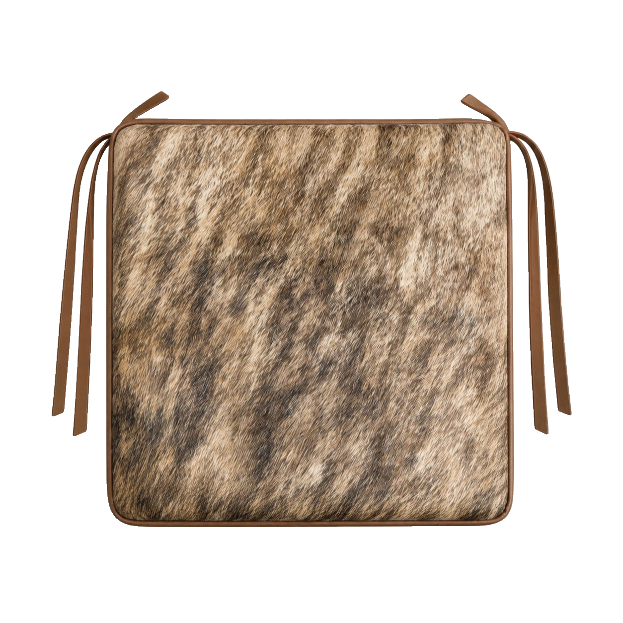 Brown brindle genuine cowhide square chair pad with leather border and tie straps on transparent background