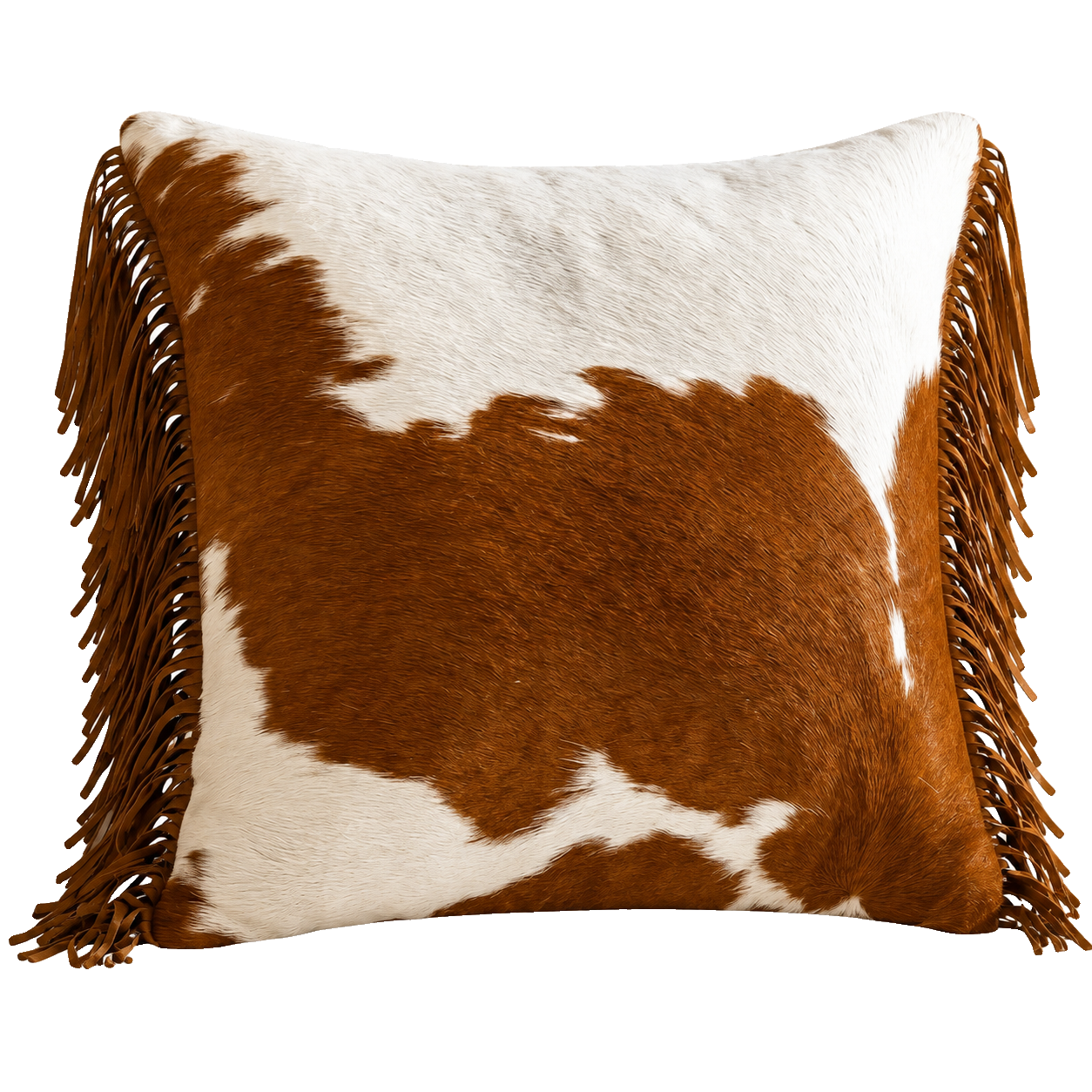 Brown and ivory genuine cowhide square throw pillow with leather fringe on transparent background
