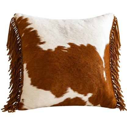 Brown and ivory genuine cowhide square throw pillow with leather fringe on transparent background