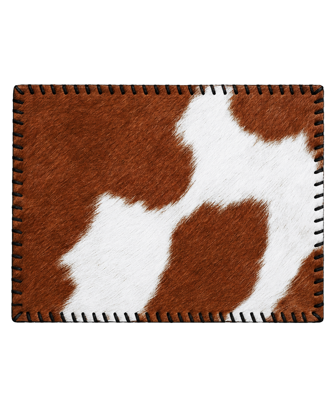 Brown and ivory genuine cowhide rectangular placemat with hand-laced border on transparent background