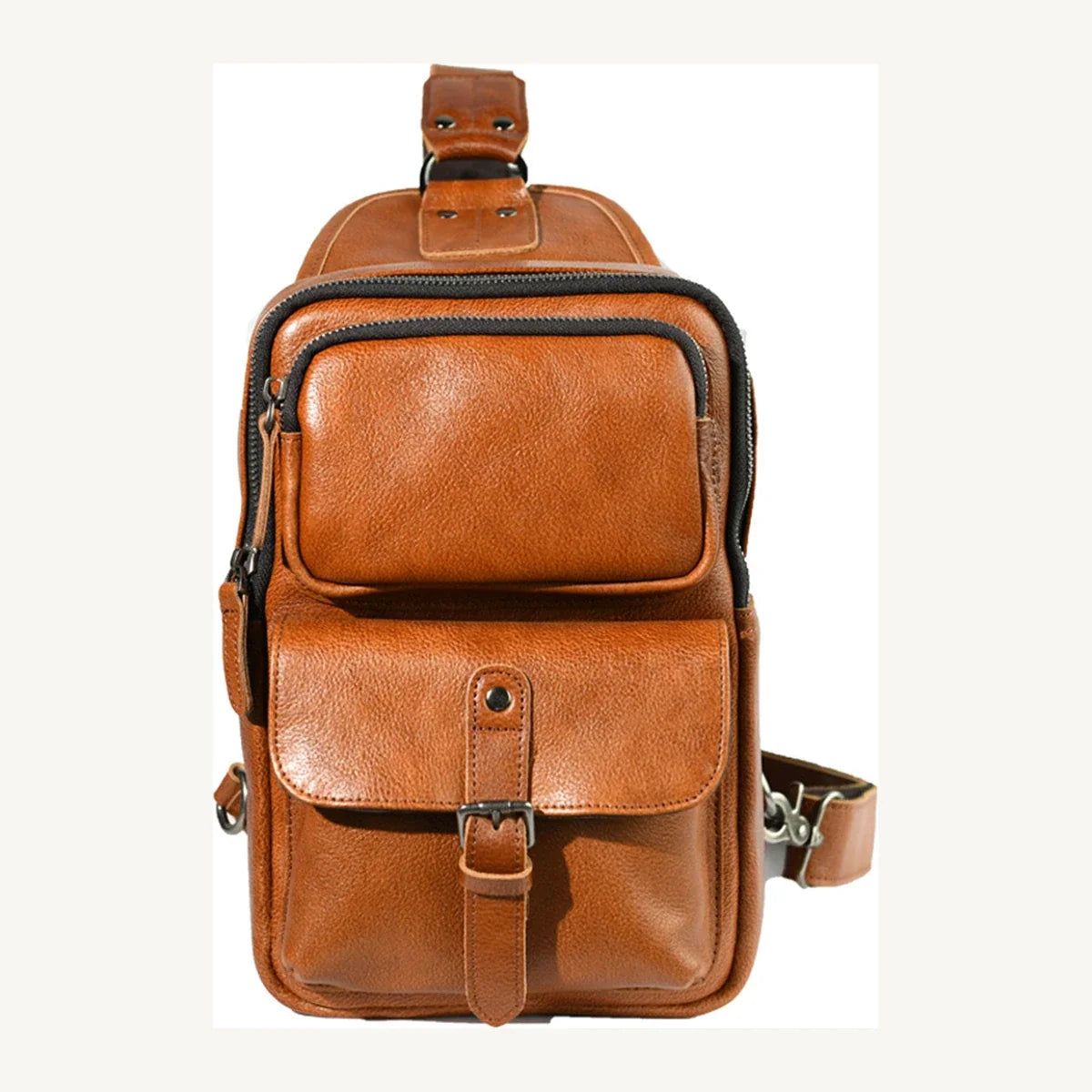 Full view of the brown vegetable-tanned leather sling bag