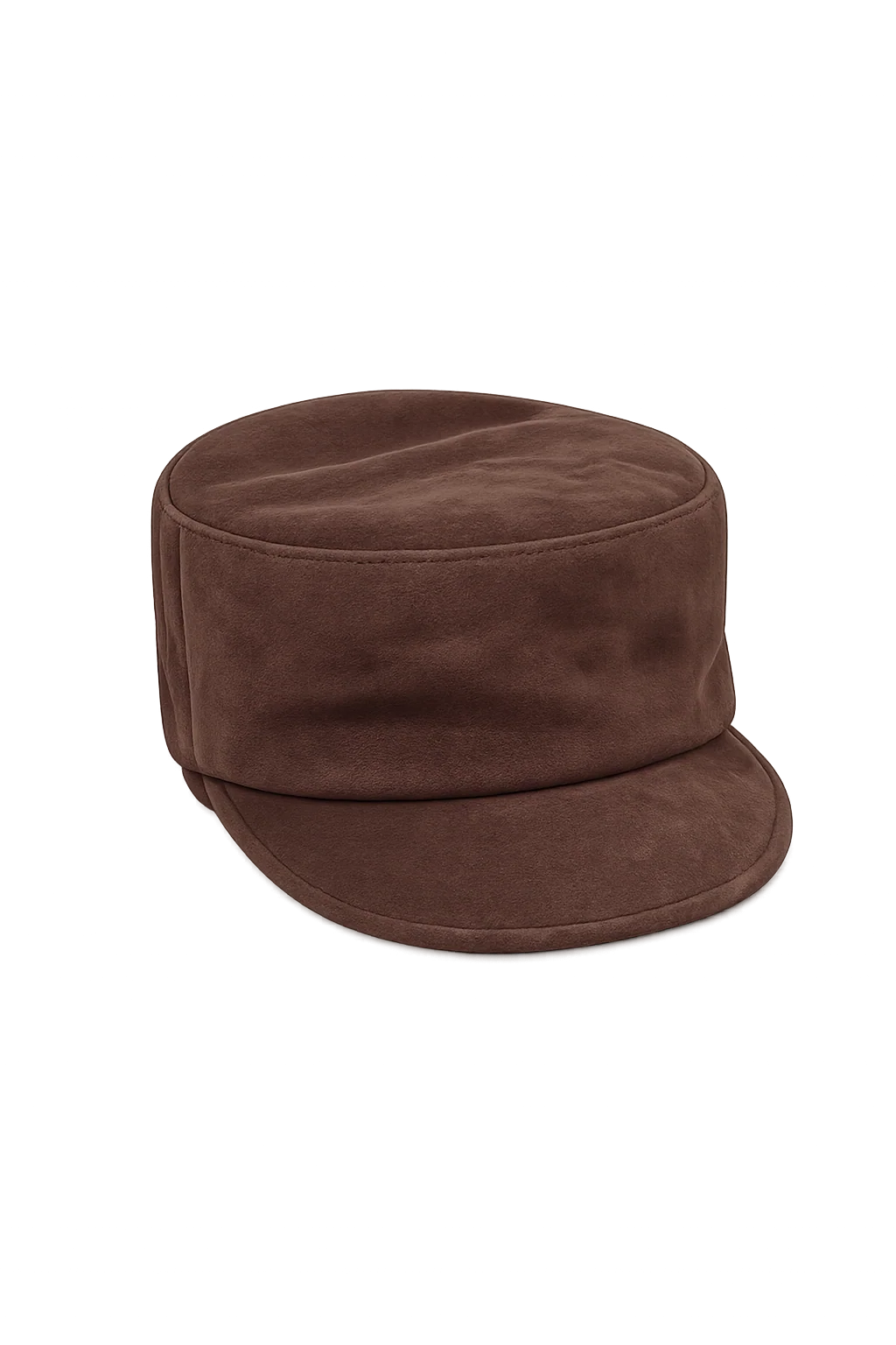 Brown suede lambskin leather equestrian cap with a flat crown and curved brim, front view