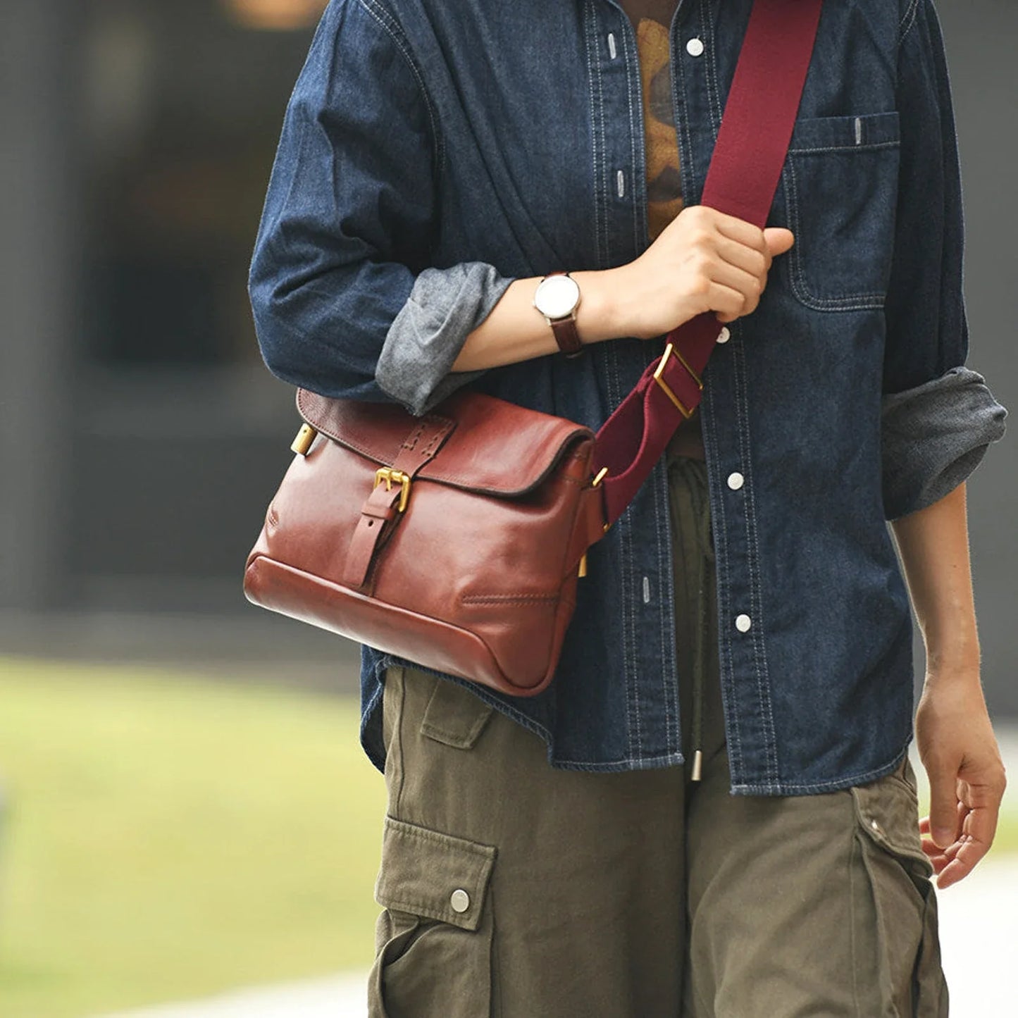 Burgundy top-grain cowhide shoulder messenger bag lifestyle view