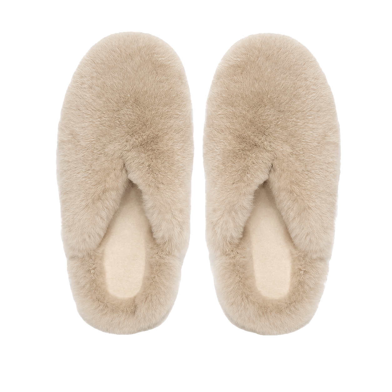 Camel genuine rabbit fur closed-toe house slippers on a transparent background
