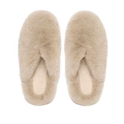 Camel genuine rabbit fur closed-toe house slippers on a transparent background