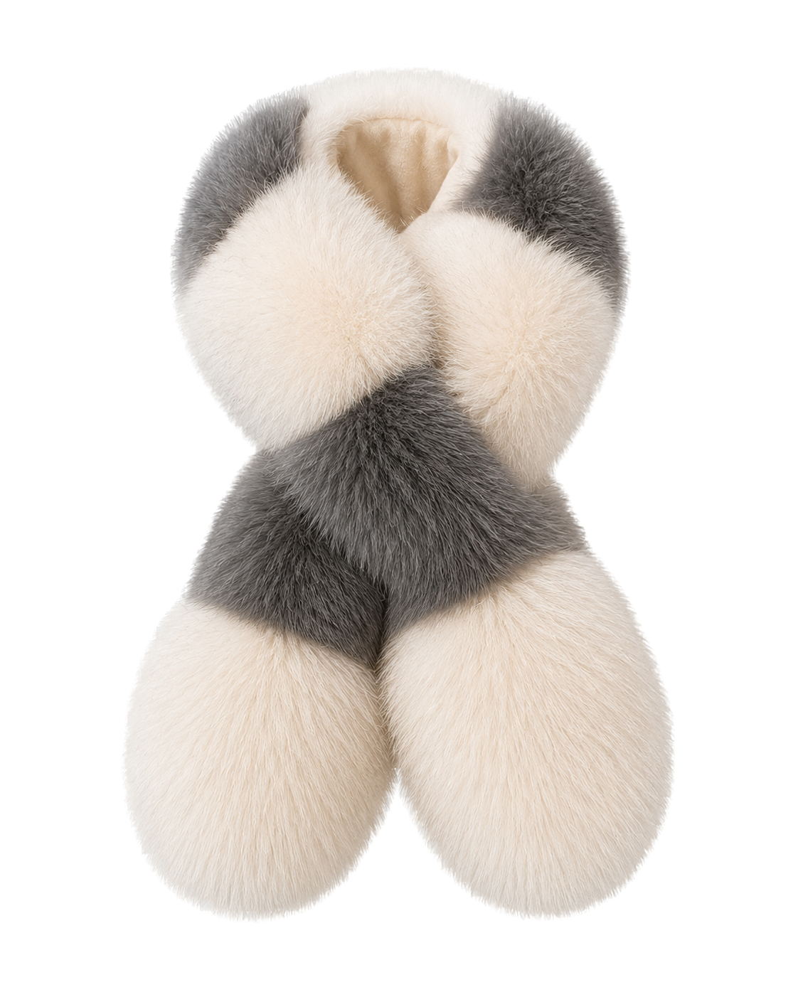 Charcoal and ivory genuine fox and Rex rabbit fur colorblock scarf on a transparent background