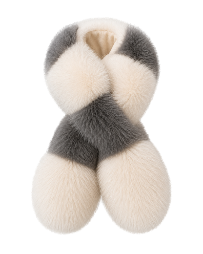 Charcoal and ivory genuine fox and Rex rabbit fur colorblock scarf on a transparent background