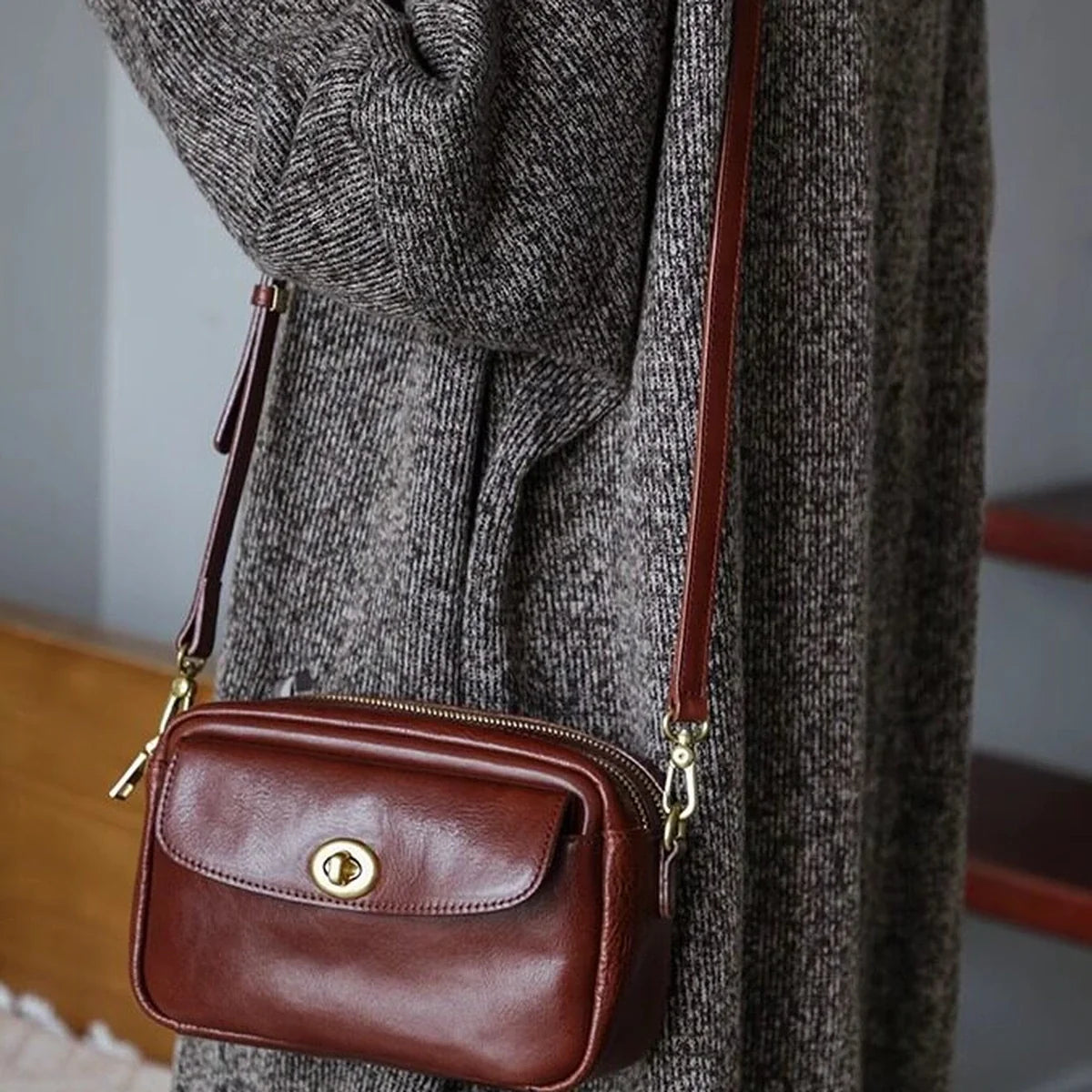 Coffee brown top-grain cowhide phone crossbody bag front view
