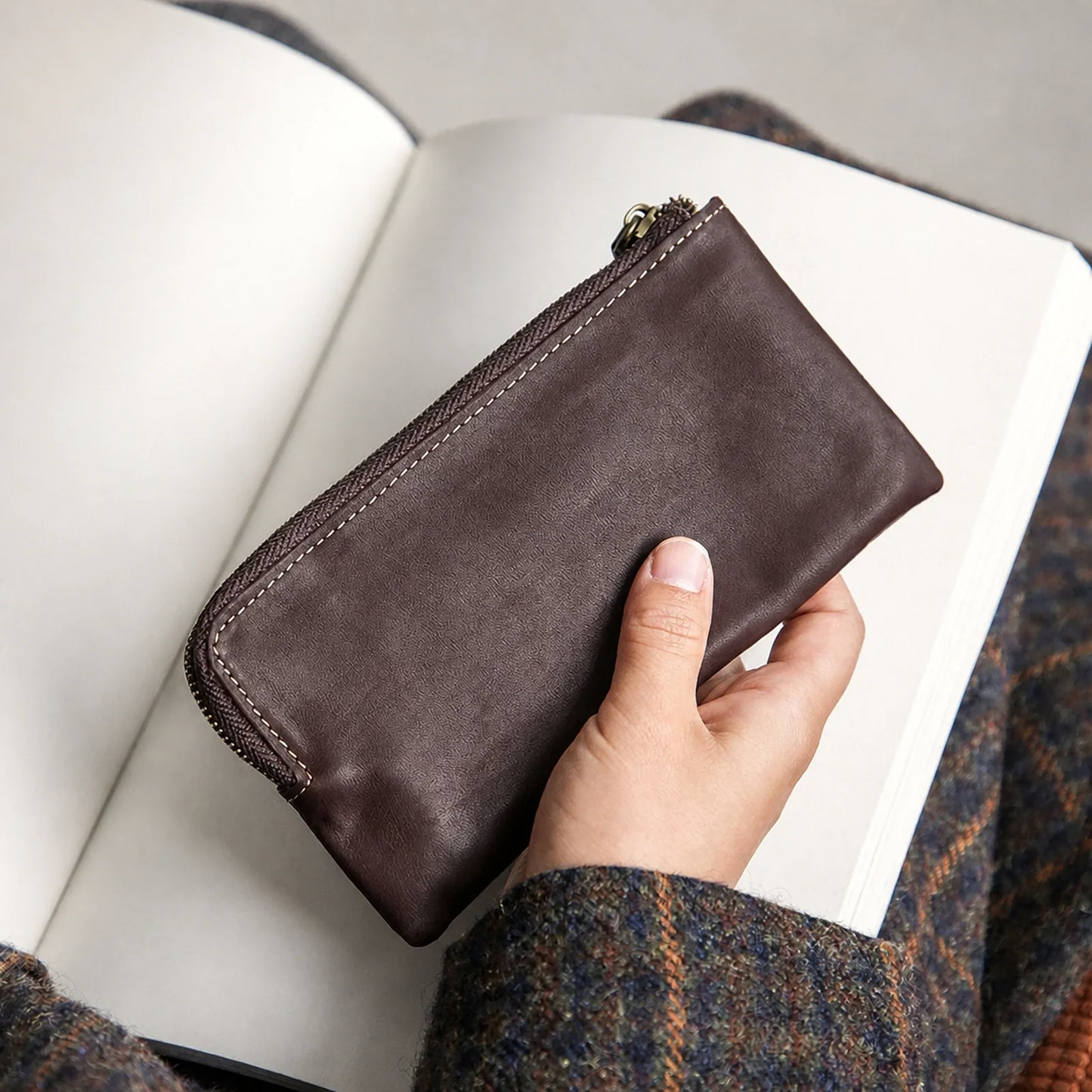 Coffee Brown top-grain leather long wallet, front view