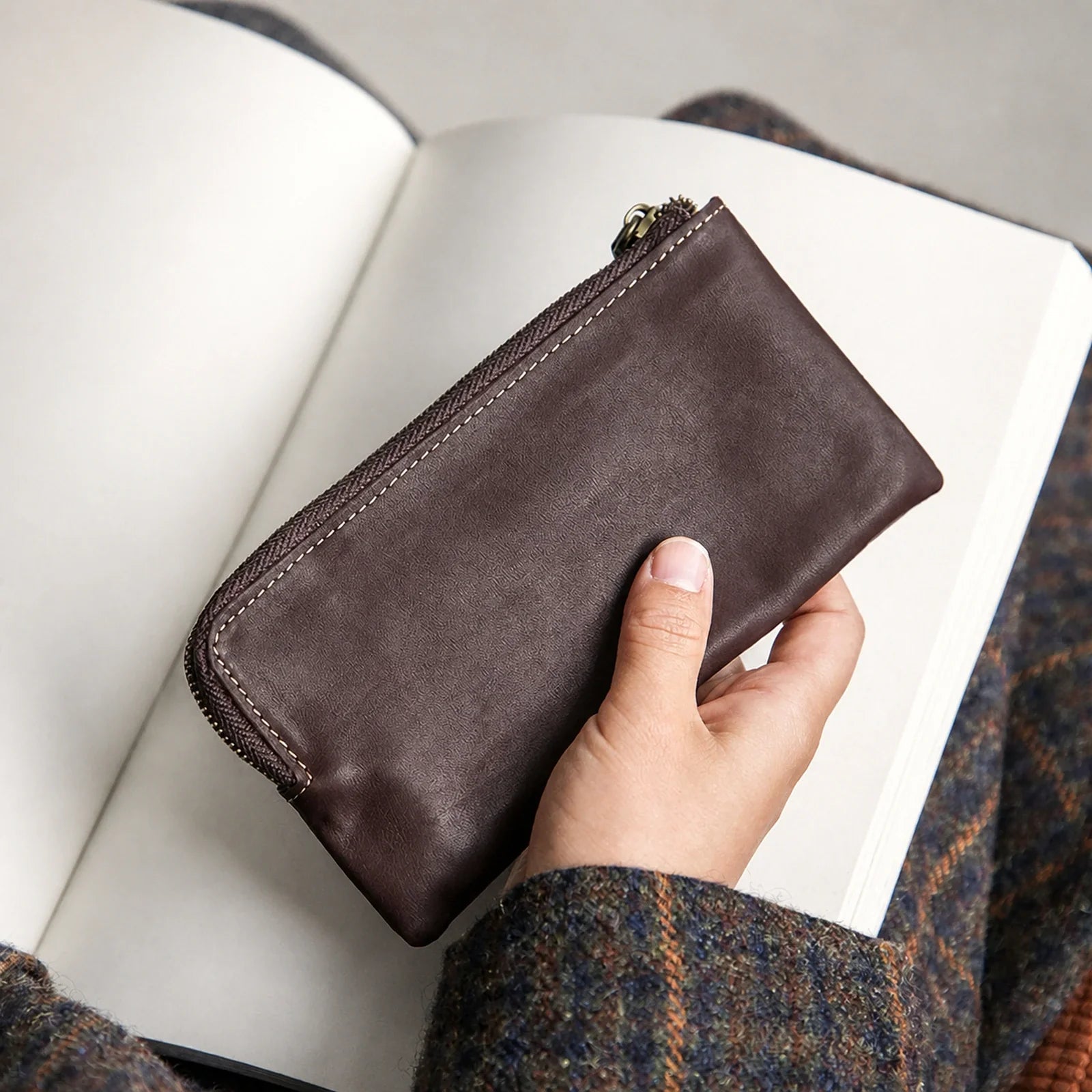 Coffee Brown top-grain leather long wallet, front view