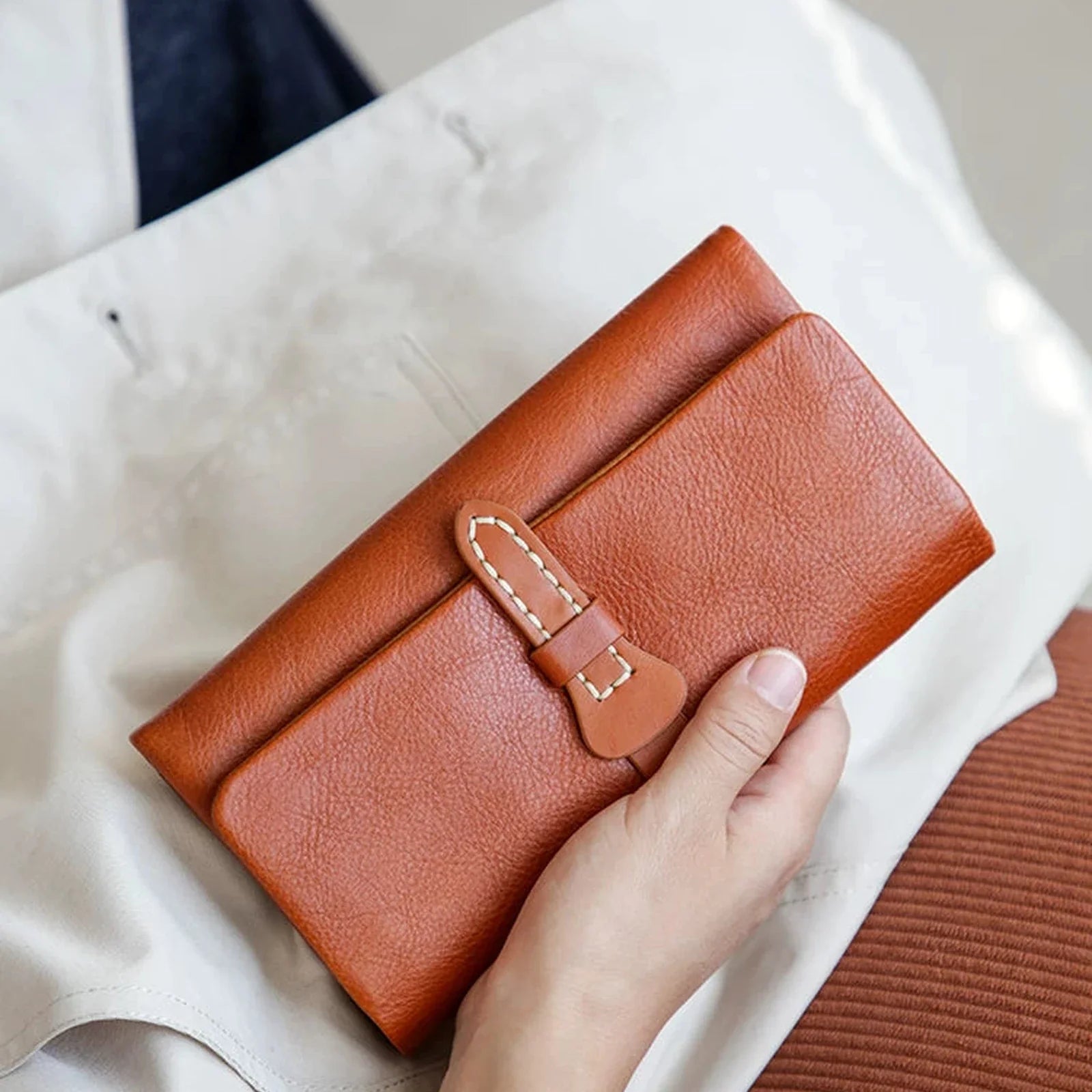 Cognac vegetable-tanned leather trifold wallet full view