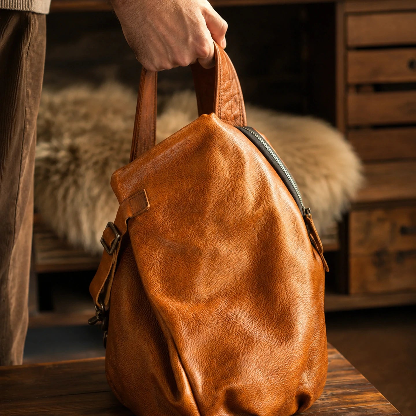 Vintage Brown first-layer cowhide leather sling chest bag, full view