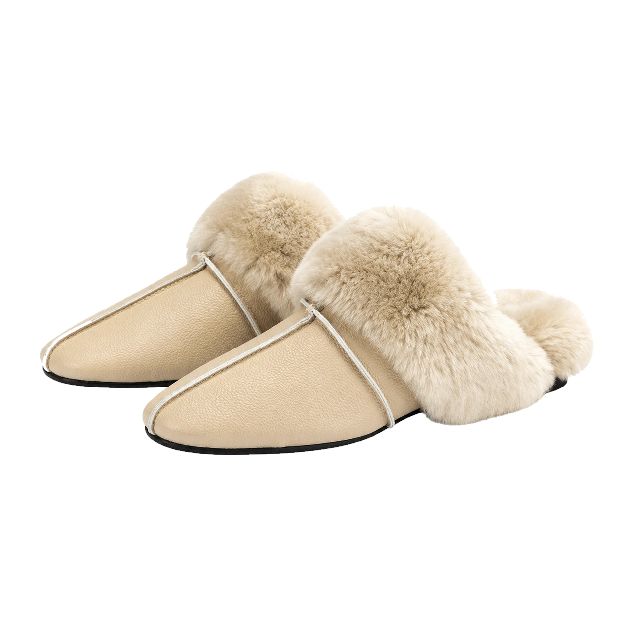 Camel genuine cowhide and rabbit fur mule slippers pair on a transparent background