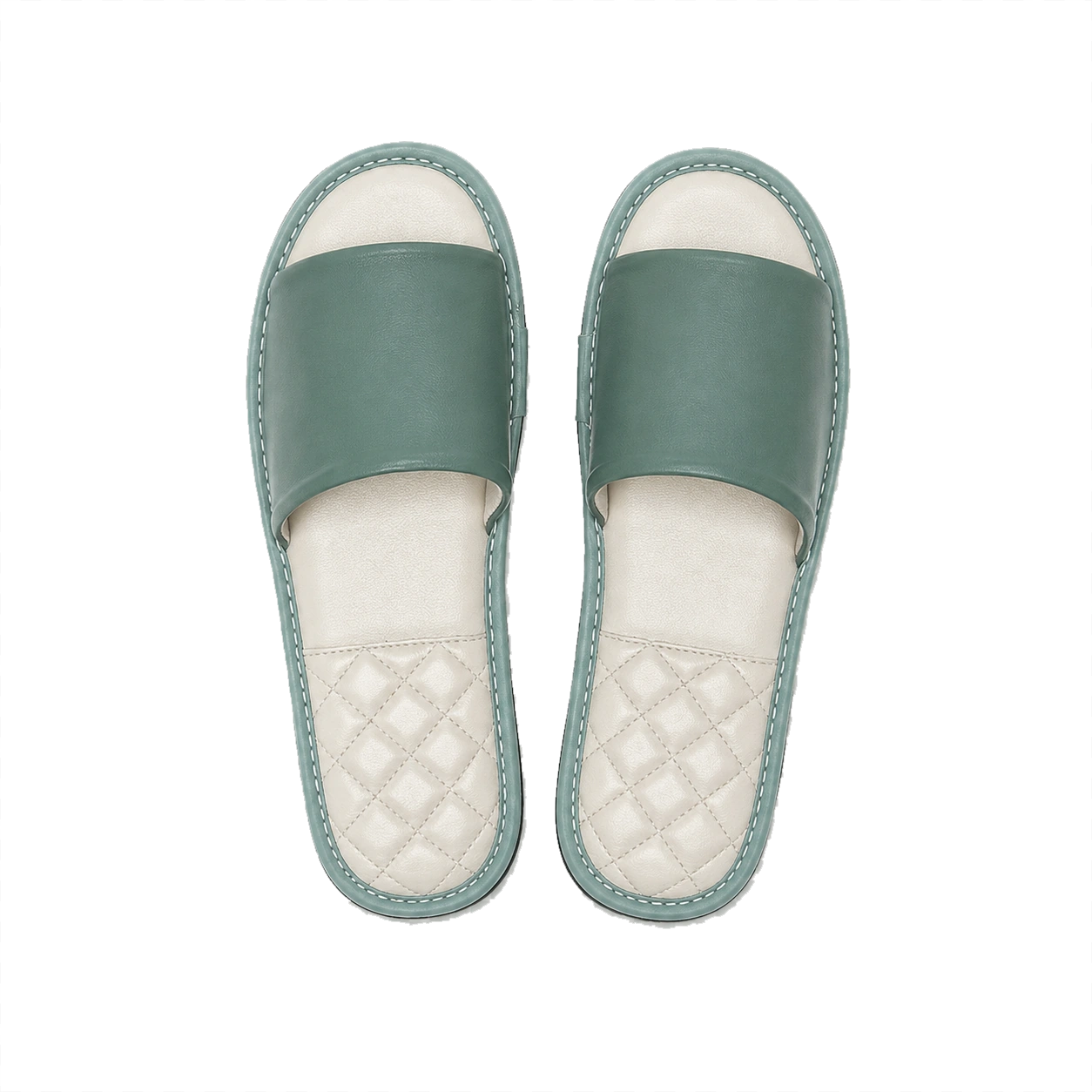 Sage green lambskin leather open-toe slippers with ivory footbeds on a transparent background
