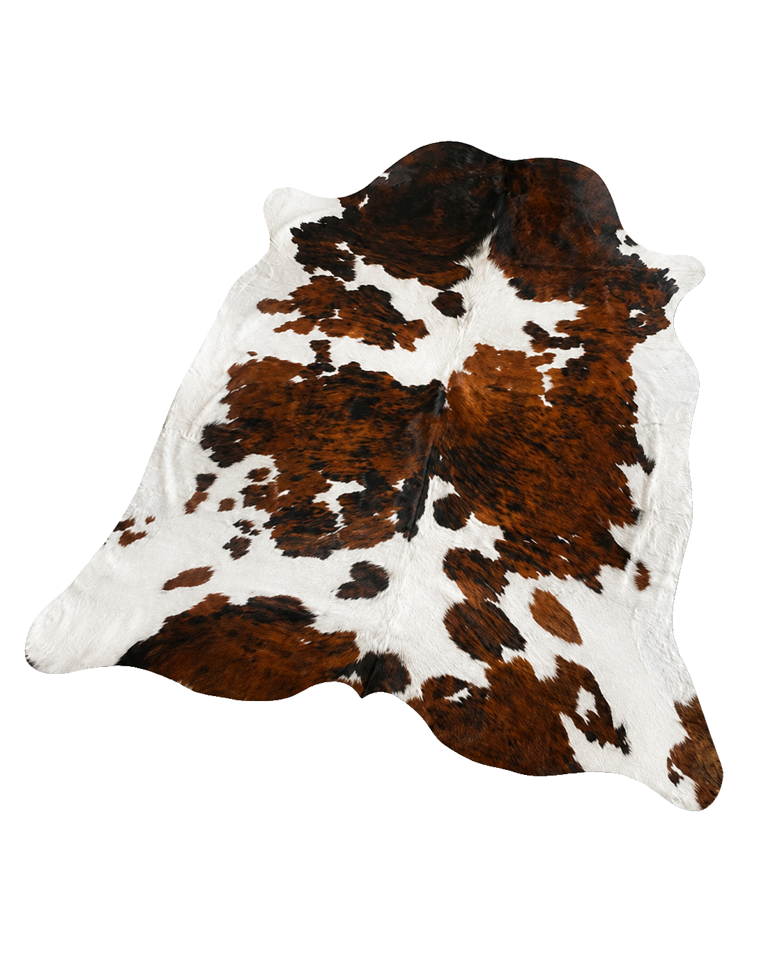 Dark brown and ivory spotted genuine cowhide rug on transparent background