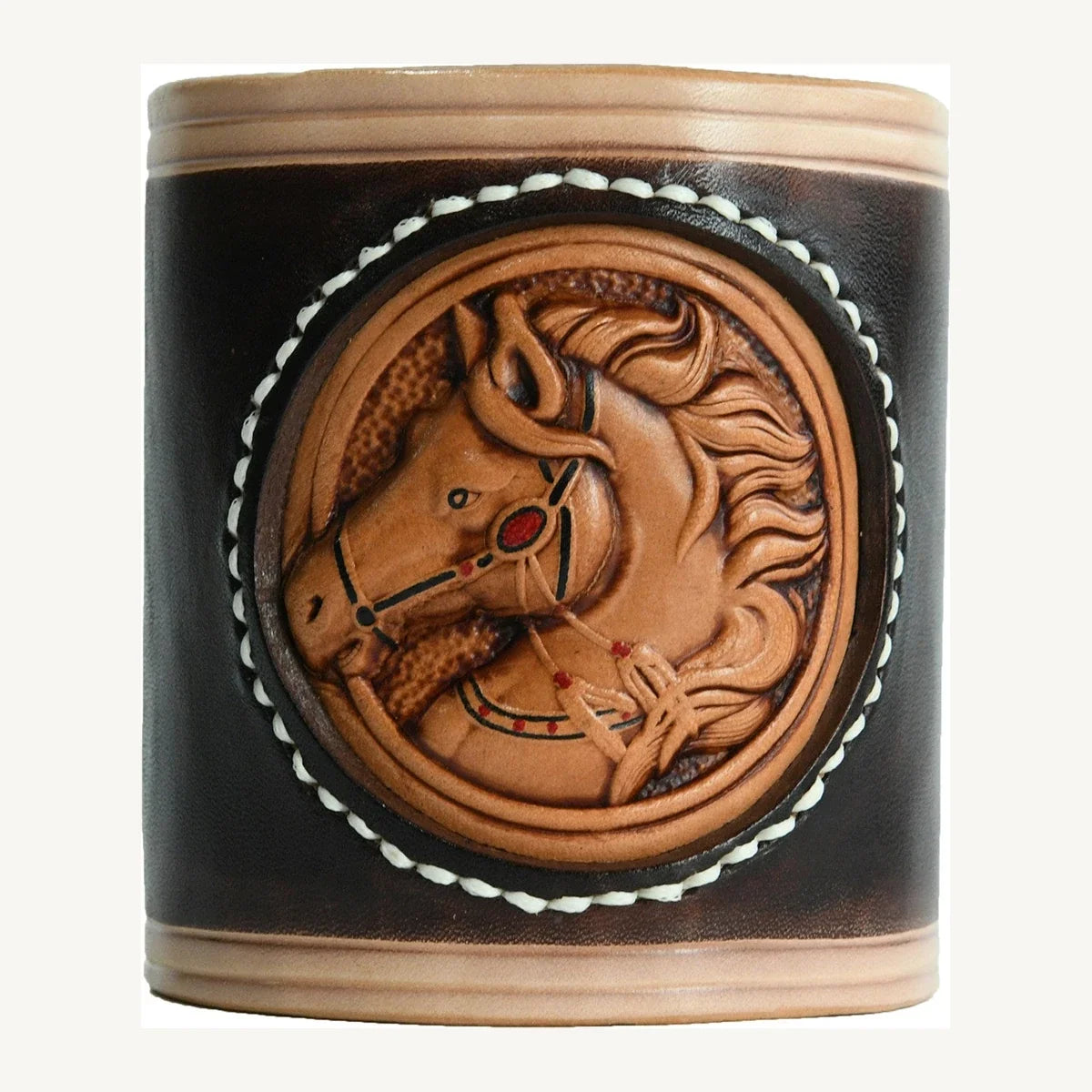 Full view of the dark brown hand-carved leather pen holder