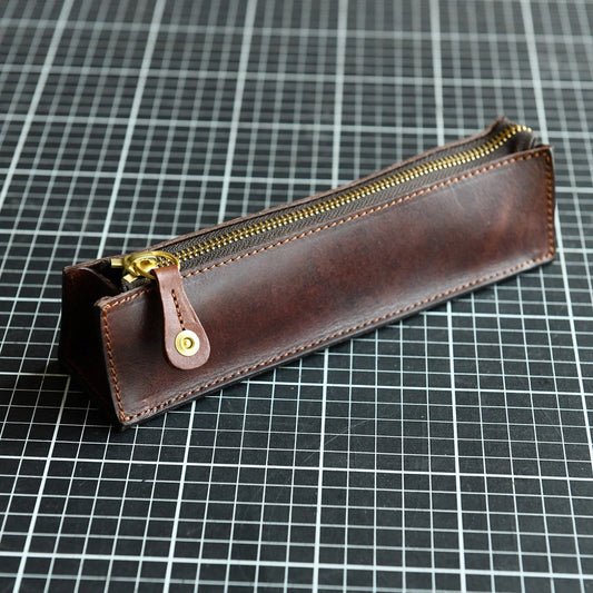 Dark brown leather pencil case full view