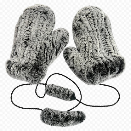 Frosted Charcoal genuine Rex rabbit fur knit mittens, product view