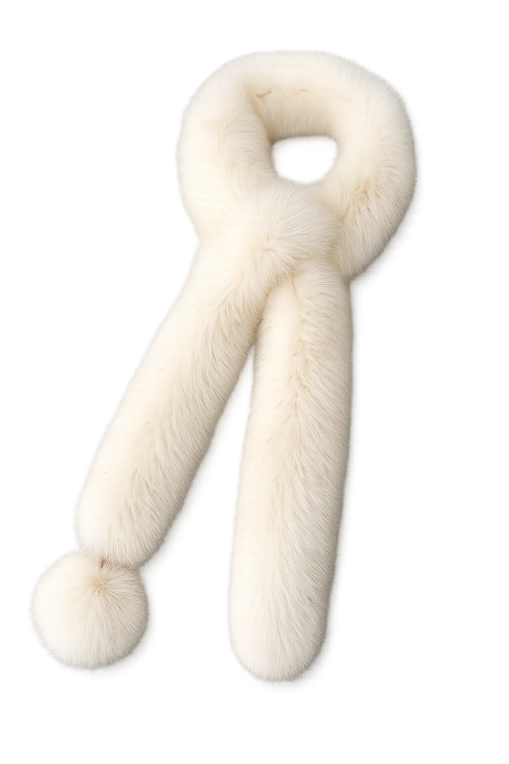Apricot Beige fox fur long scarf with pom-pom shown in a full product view