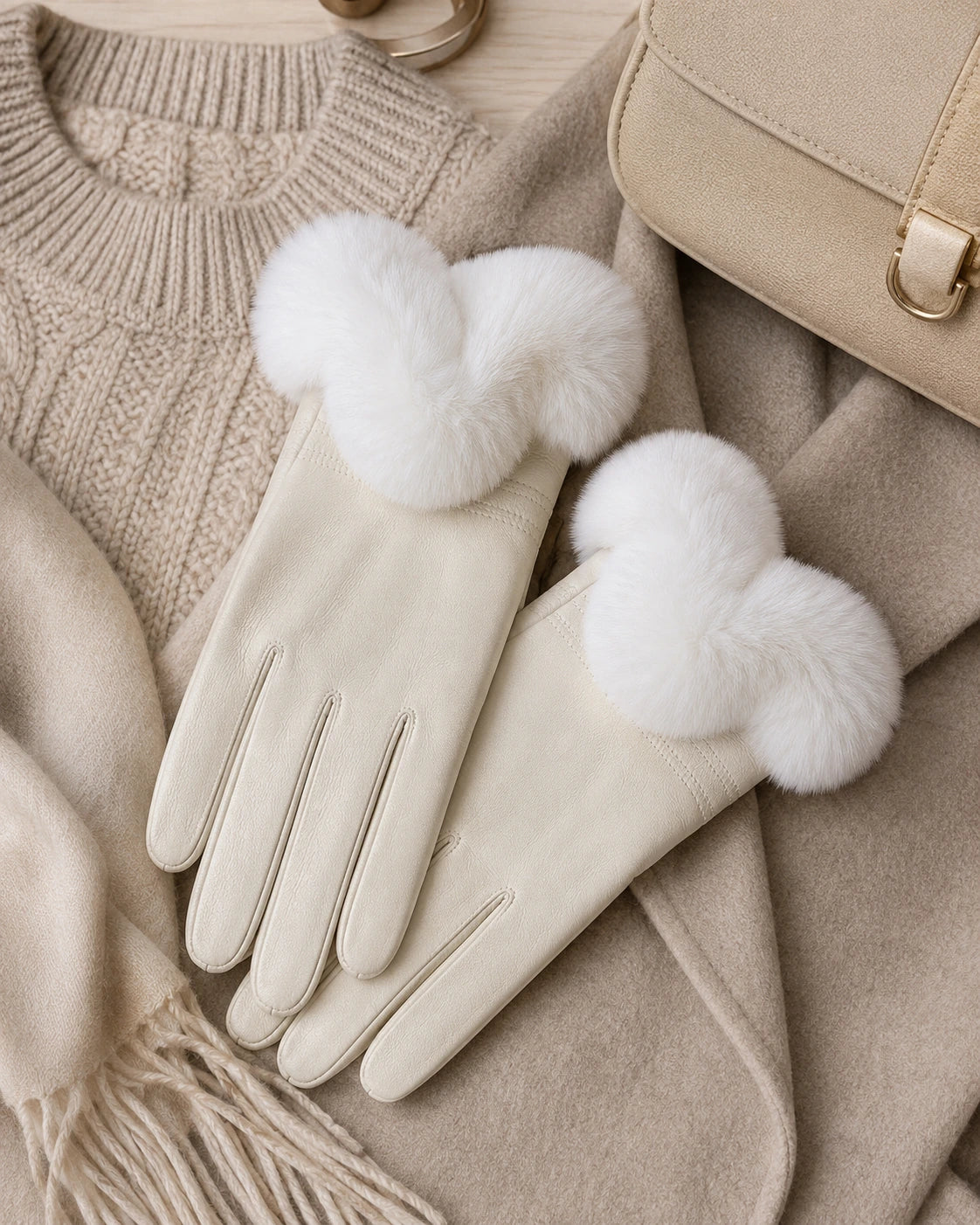 Ivory leather fur-cuff gloves styled with neutral winter accessories