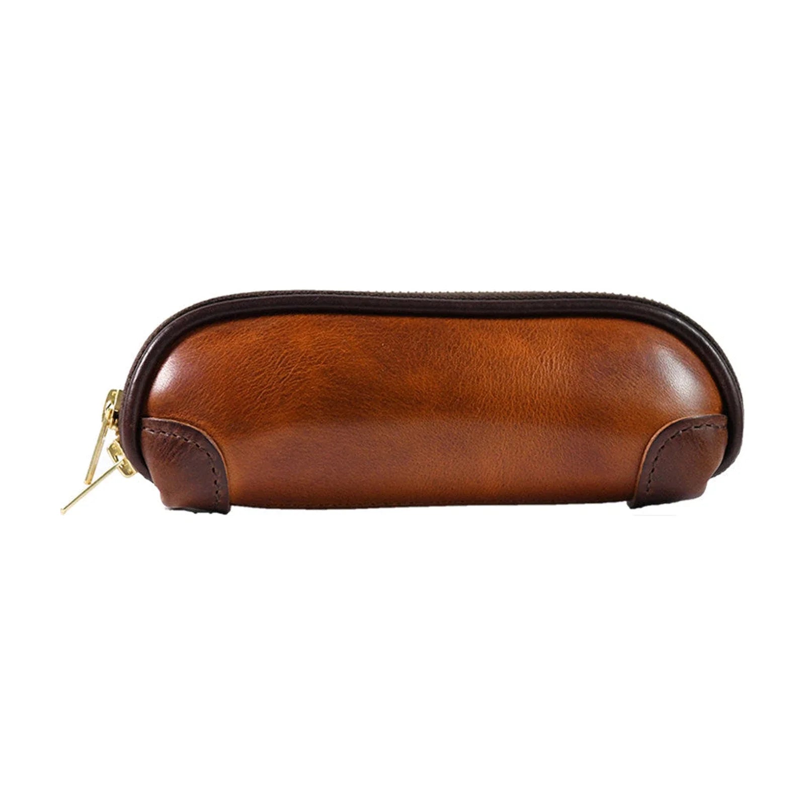 Full view of brown vegetable-tanned leather zipper pencil case