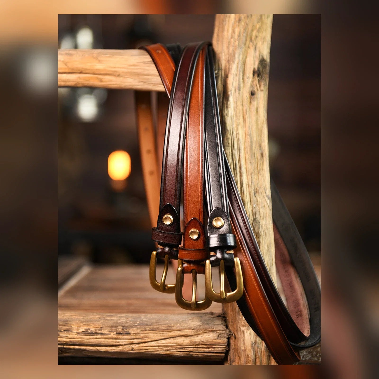 Black, brown, and coffee-brown leather slim belts with metal buckles