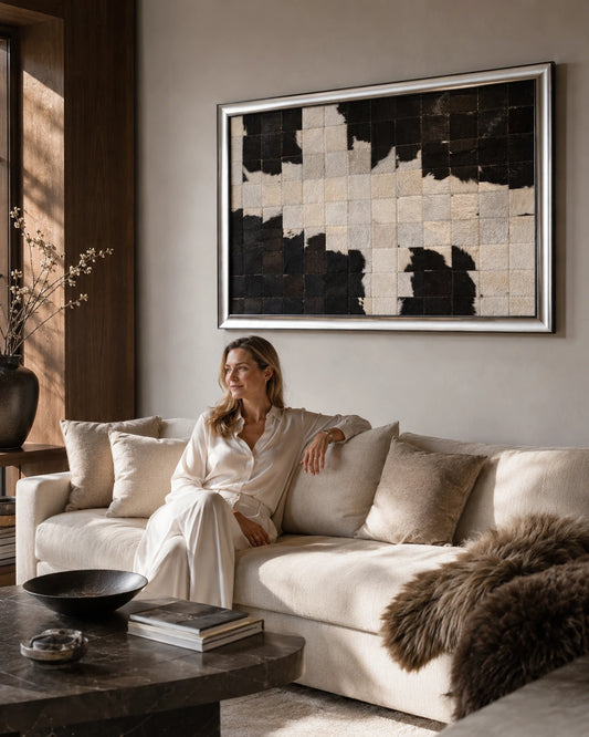 Woman seated beneath black and ivory framed cowhide patchwork wall art in a living room