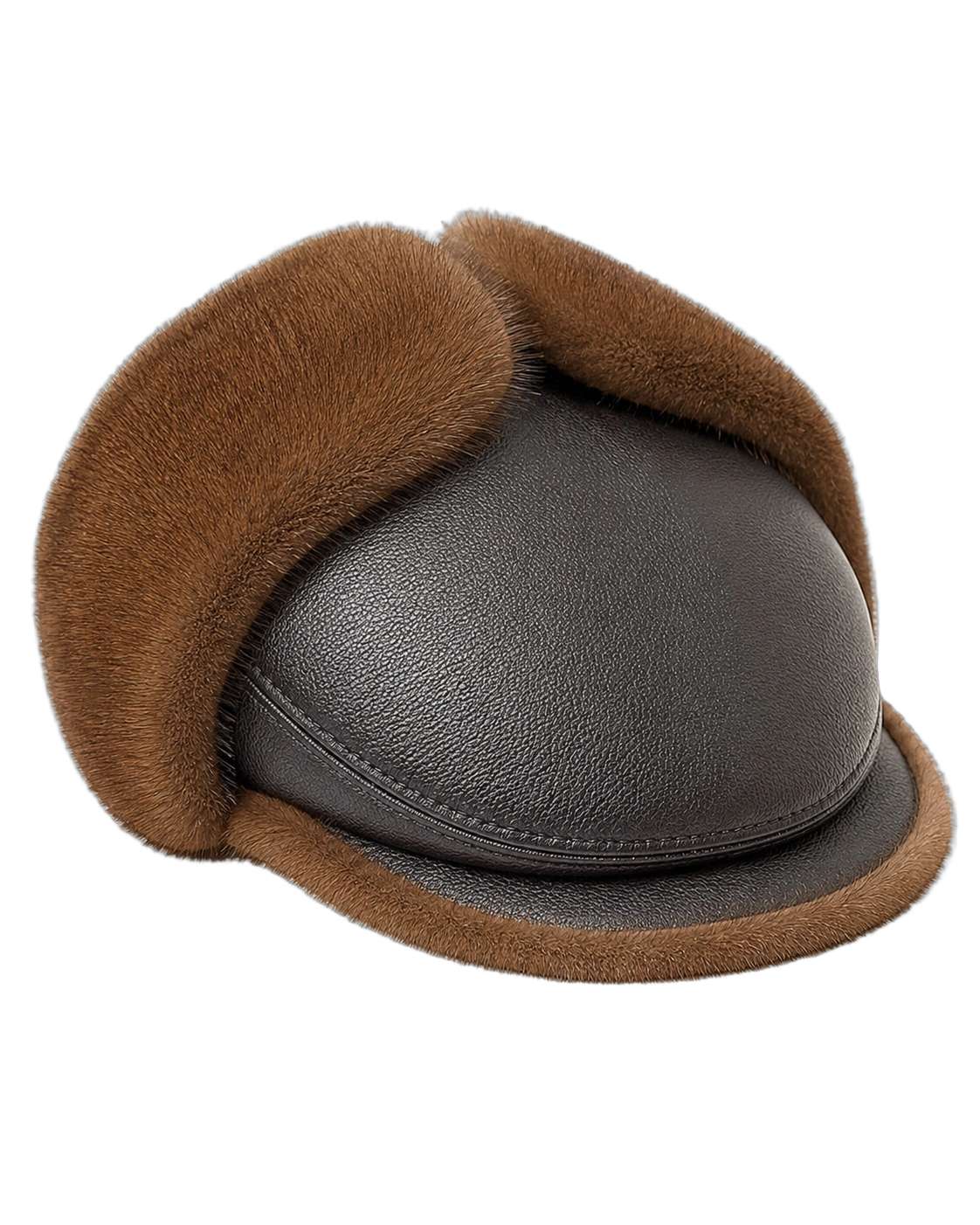 Mocha Brown supplier-described mink fur and leather men's ear-flap cap on a transparent background