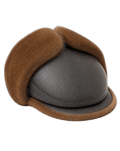 Mocha Brown supplier-described mink fur and leather men's ear-flap cap on a transparent background