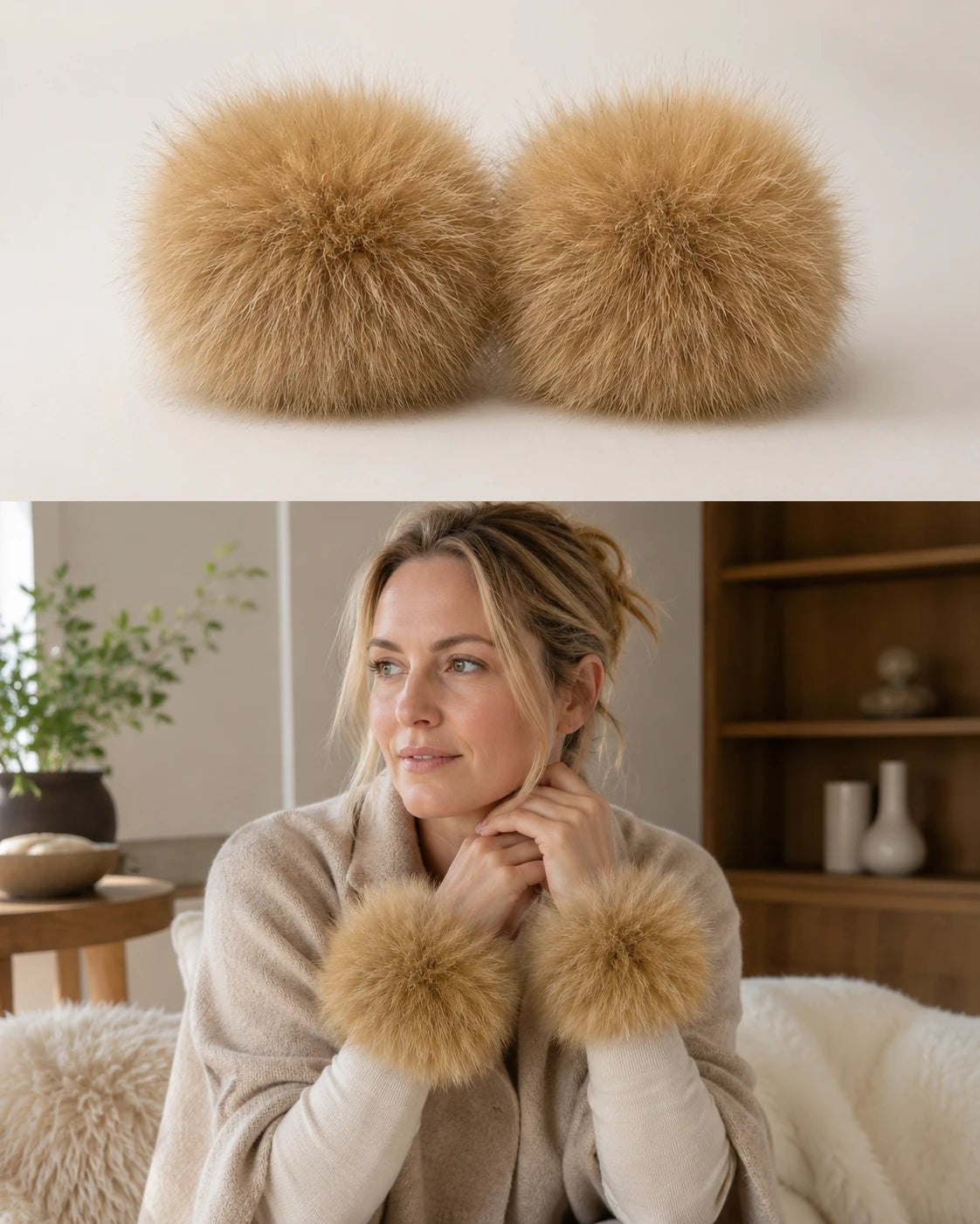 Camel genuine fox fur wrist cuffs worn with neutral knitwear