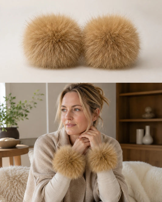 Camel genuine fox fur wrist cuffs worn with neutral knitwear