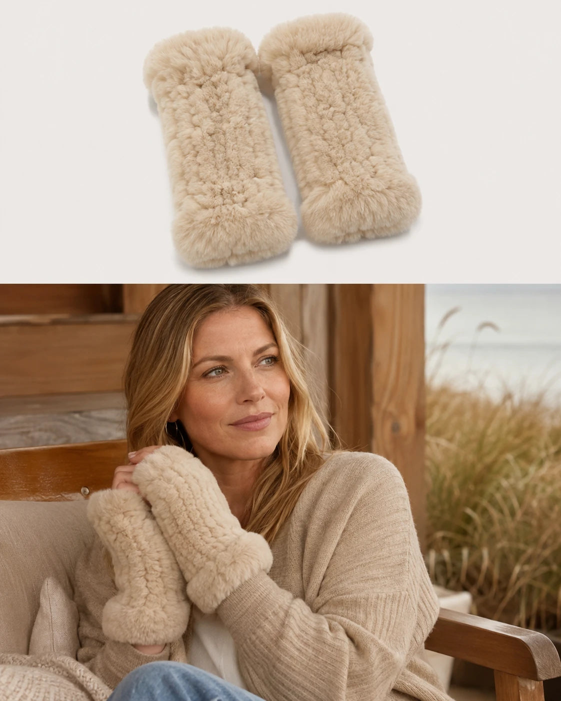Cream Beige genuine Rex rabbit fur fingerless mittens worn indoors