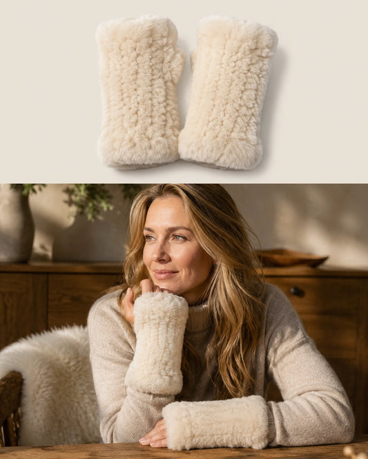 Cream genuine Rex rabbit fur fingerless mittens worn indoors