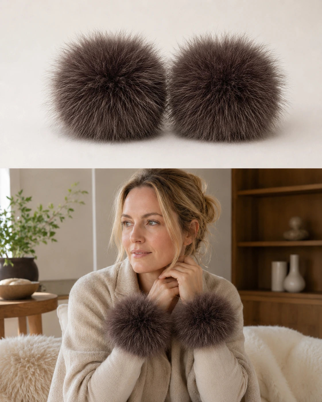Deep Brown genuine fox fur wrist cuffs worn with neutral knitwear
