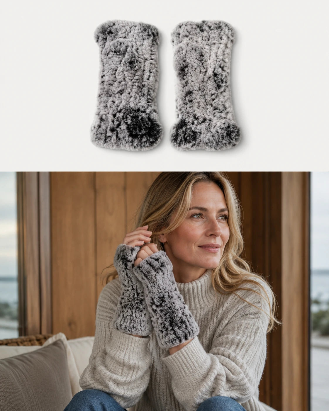 Frosted Gray genuine Rex rabbit fur fingerless mittens worn indoors