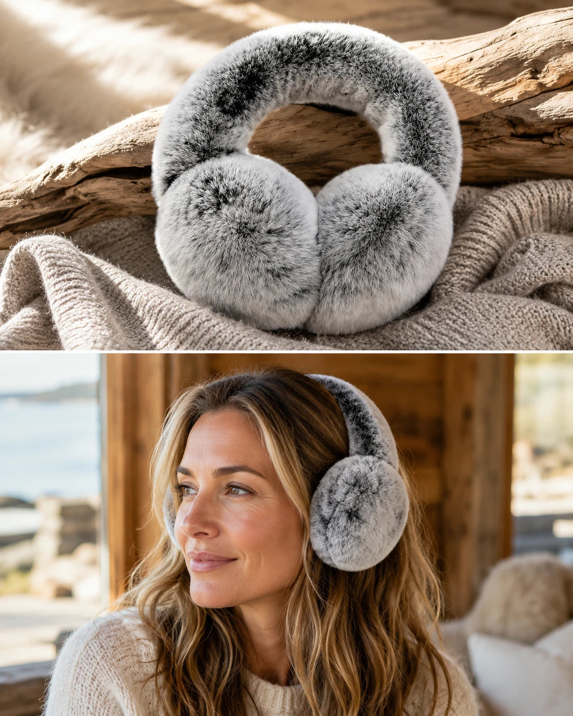 Frosted Gray genuine Rex rabbit fur adjustable earmuffs worn by a woman