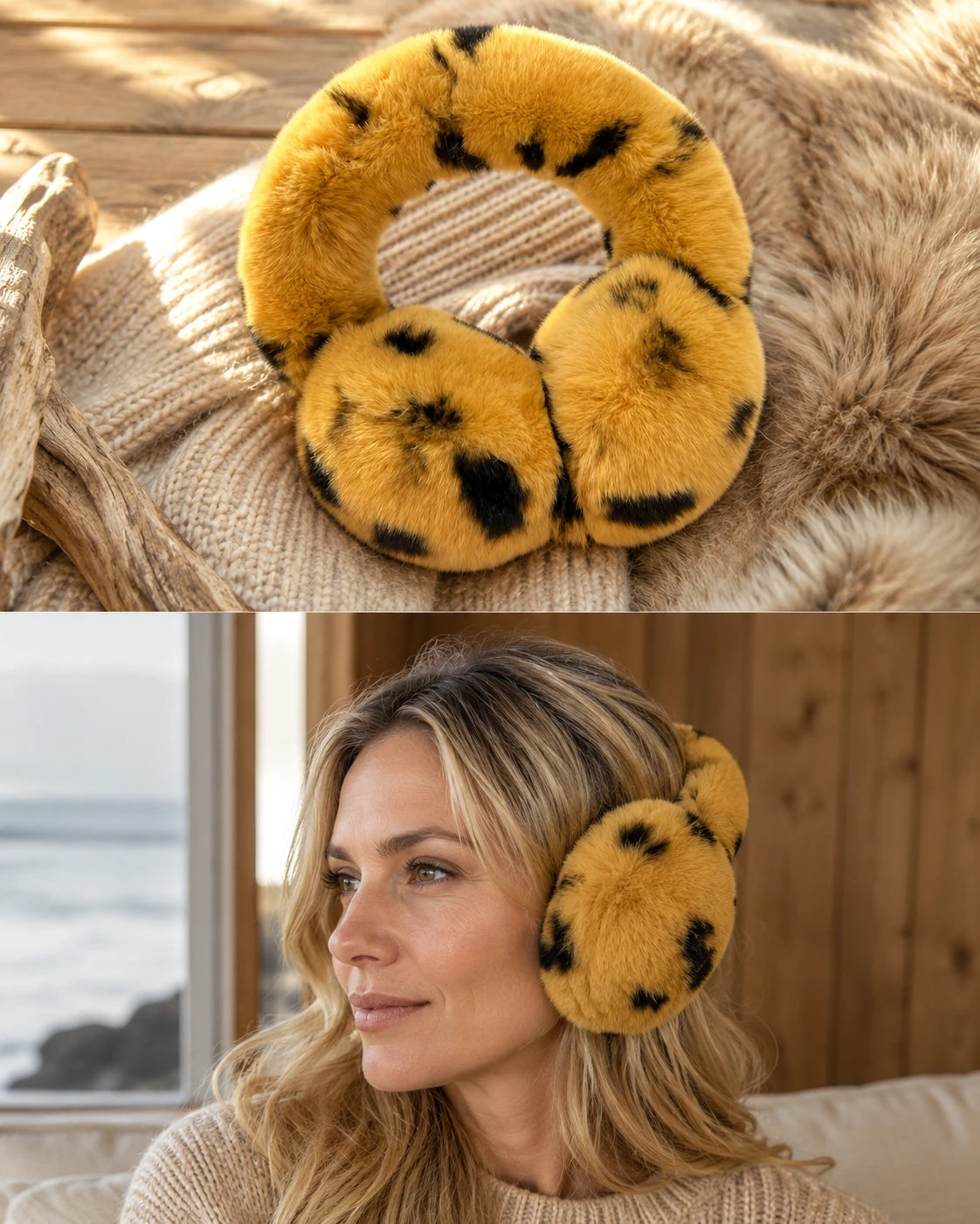 Golden Leopard genuine Rex rabbit fur adjustable earmuffs worn by a woman