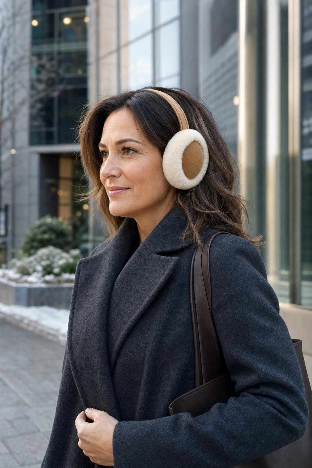 Professional woman wearing ivory and camel sheepskin earmuffs on a winter office commute