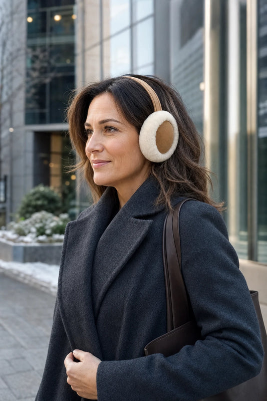 Professional woman wearing ivory and camel sheepskin earmuffs on a winter office commute