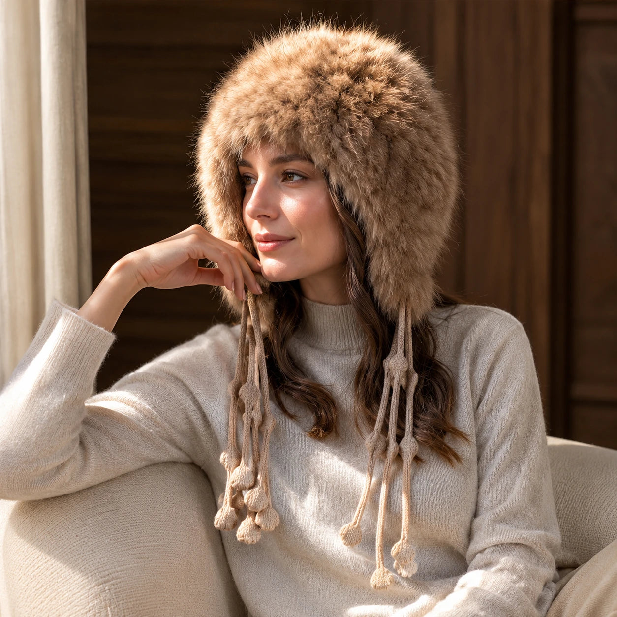Natural Sable genuine sable fur earflap hat worn in a quiet interior