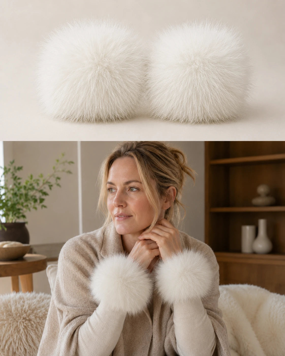 Natural White genuine fox fur wrist cuffs worn with neutral knitwear