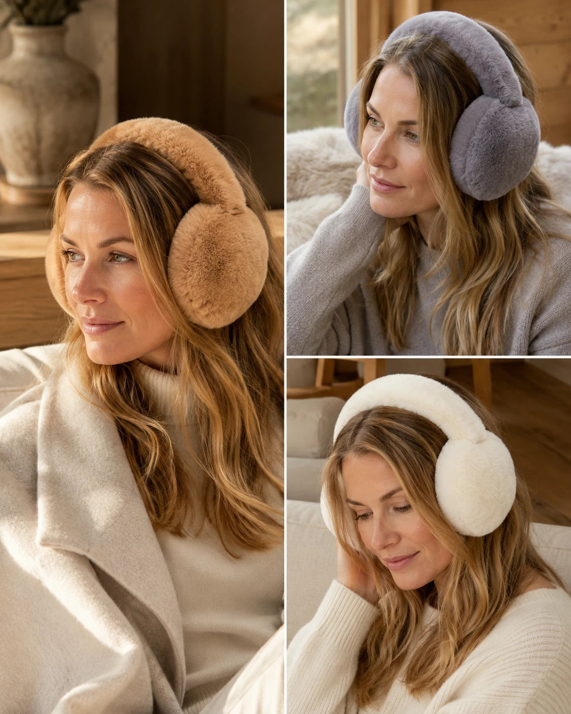 Camel, Silver Gray, and Natural White genuine Rex rabbit fur earmuffs worn in winter interiors