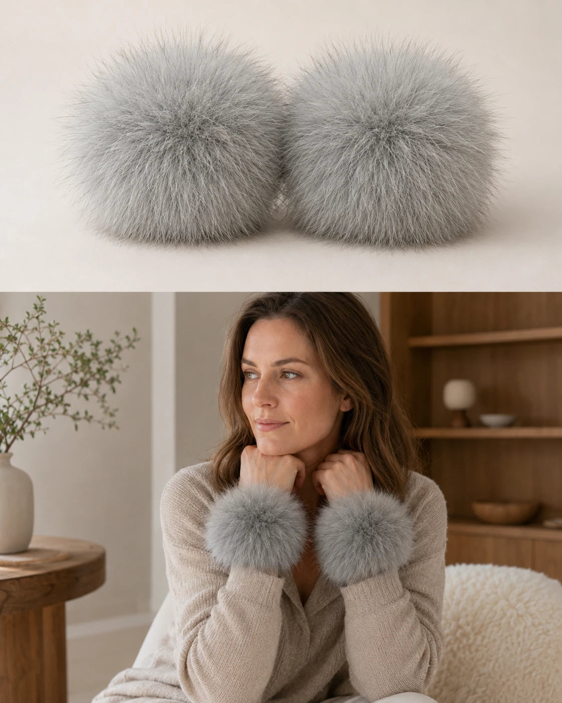 Silver Gray genuine fox fur wrist cuffs worn with neutral knitwear