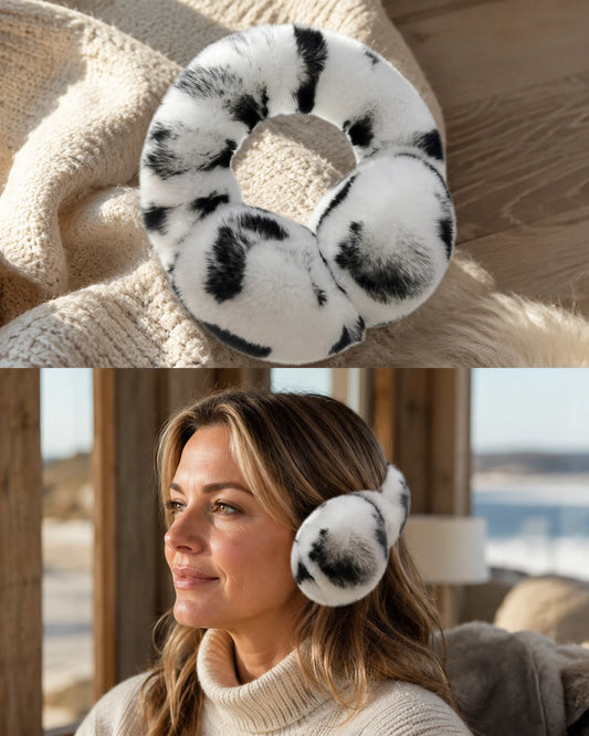 Snow Leopard genuine Rex rabbit fur adjustable earmuffs worn by a woman