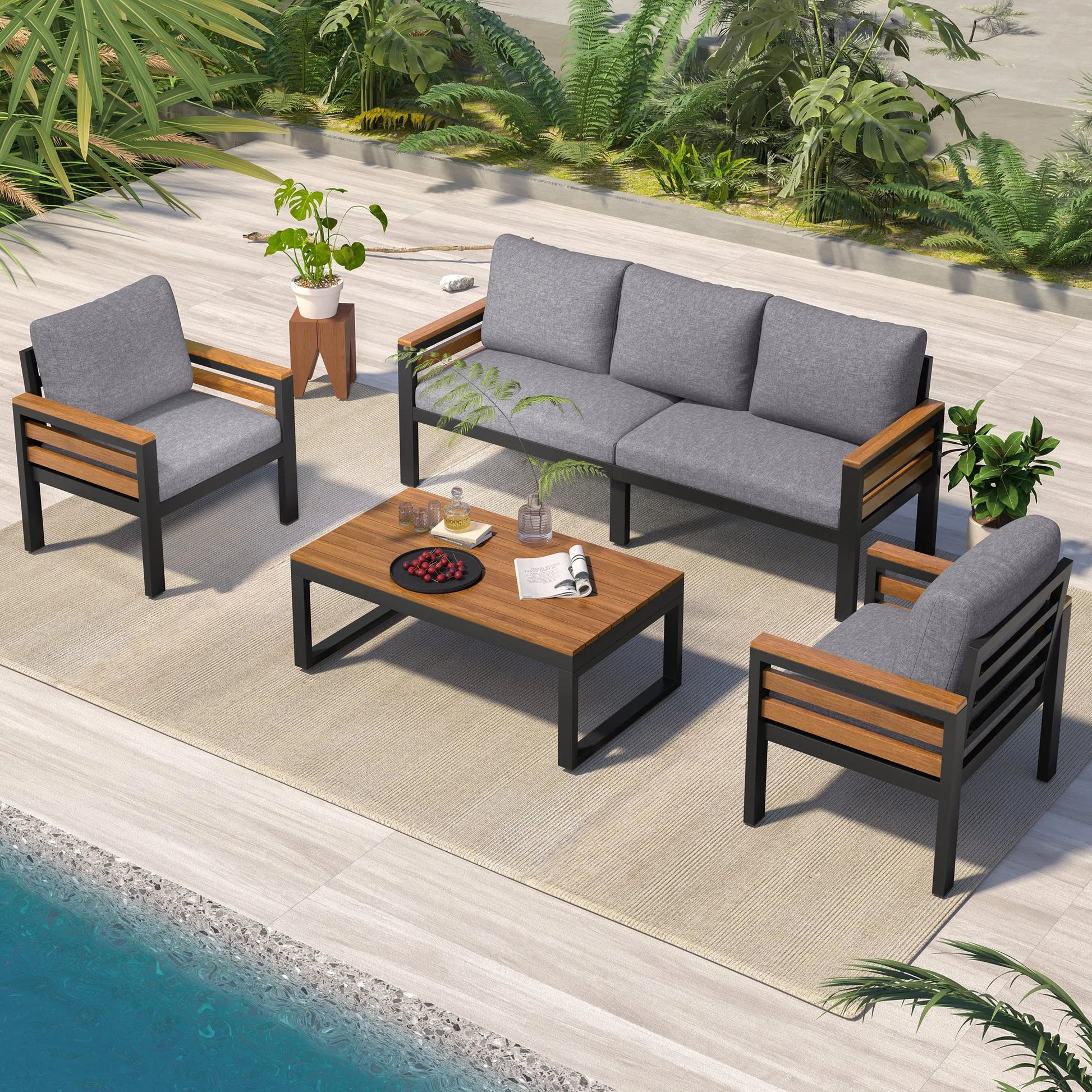 <Old SKU: N704G201246E> GO 4-Piece Outdoor Furniture Sofa Set for 5 People with Acacia Wood Armrests, Patio Conversation Set with Removable Cushion – view 2