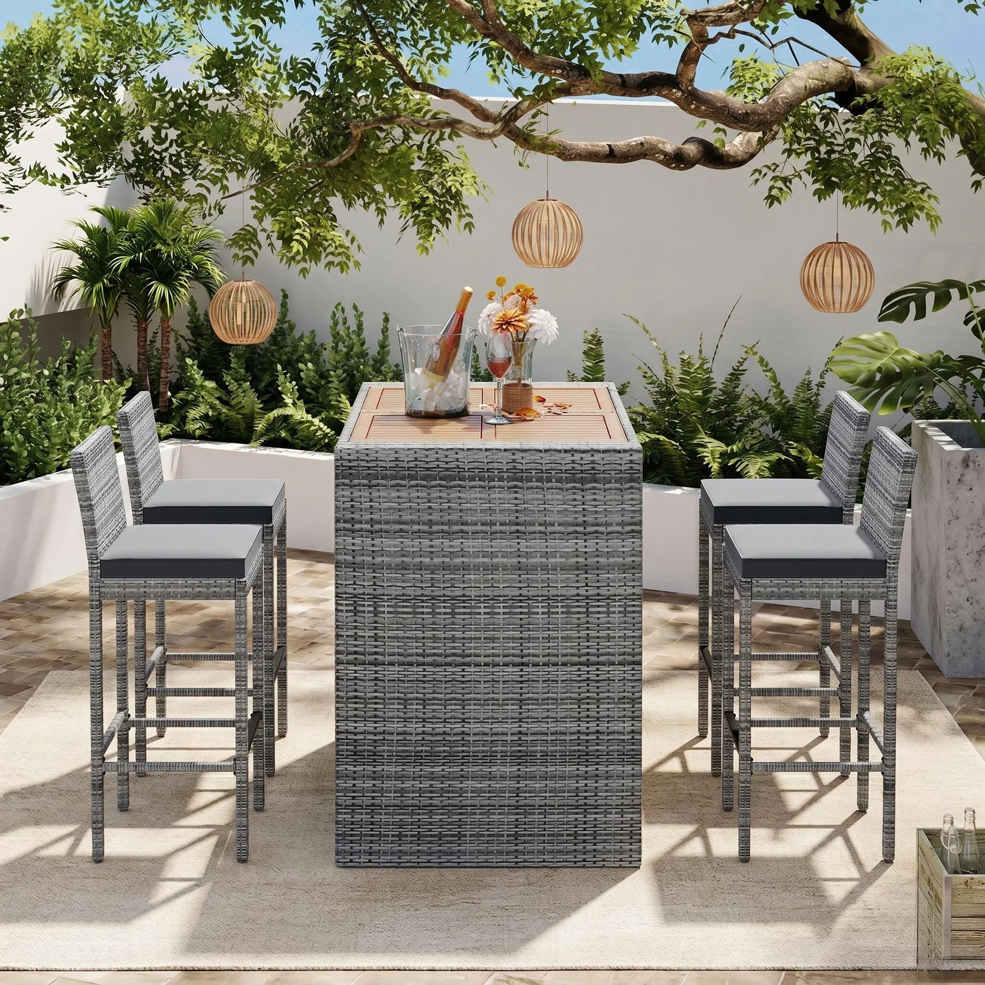 <Old SKU: FG201216AAE> GO 5-pieces Outdoor Patio Wicker Bar Set, Bar Height Chairs With Non-Slip Feet And Fixed Rope, Removable Cushion, Acacia Wood – view 2