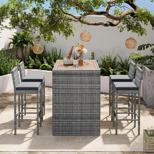 <Old SKU: FG201216AAE> GO 5-pieces Outdoor Patio Wicker Bar Set, Bar Height Chairs With Non-Slip Feet And Fixed Rope, Removable Cushion, Acacia Wood – view 2
