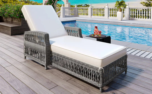 Outdoor Long Reclining Chaise, Wicker Lounge with Armrests, Patio Adjustable Recliner with Soft Removable Cushions, All Weather Rattan Pool Lounge – view 2