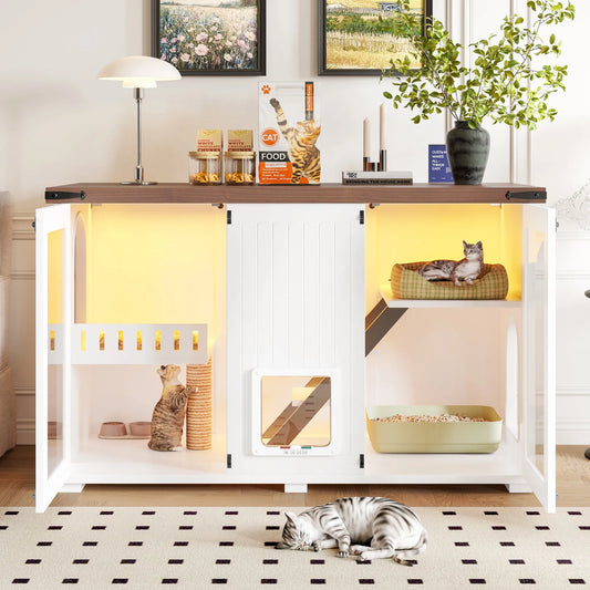47.25' Large Cat Litter Box Enclosure with LED Light, Hidden Litter Box Furniture, Cat House with Stairs and Cat Scratching Post, Cat Cabinet Side – view 2