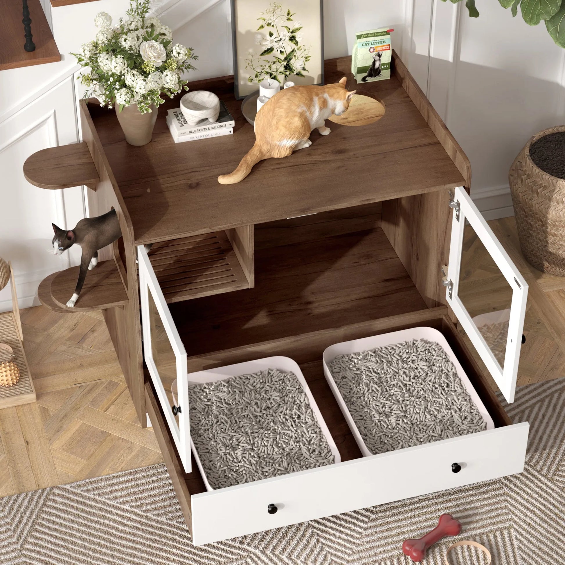 Cat Litter Box Enclosure, Hidden Cat Litter Box Furniture with Drawer and Stairs, Wooden Cat House Washroom for Bedroom,Cat Cabinet Side Table for – view 2